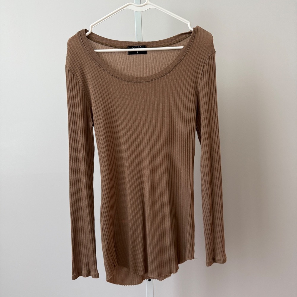 REVIR Ribbed Relaxed Clean Coastal Earth Colors Scoop Neck Top S Brown